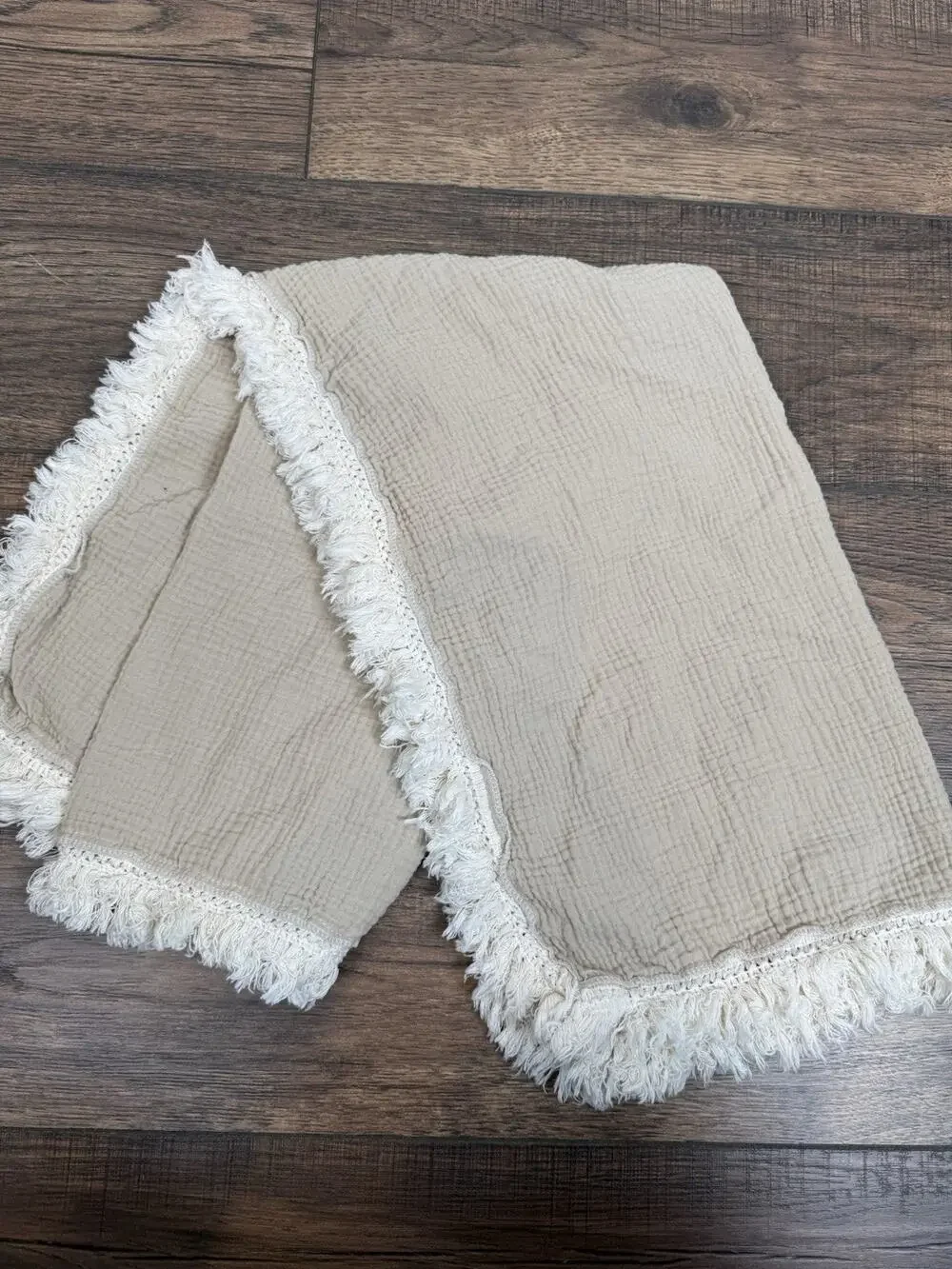 Bettrkind Organic Baby Swaddle Blanket Tan Off White Fringe Edge Muslin